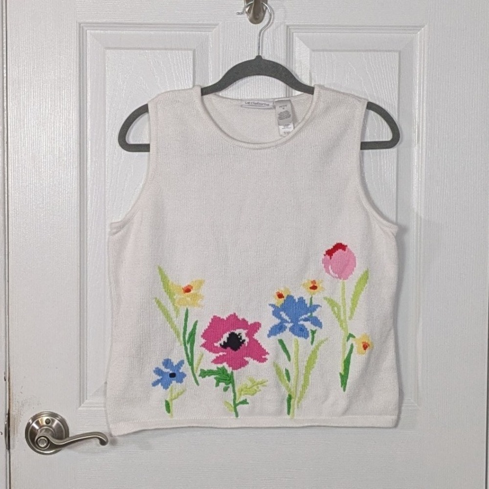 Floral Knit Sleeveless Cottagecore Liz Claiborne Sweater Vest Top Size Petite M